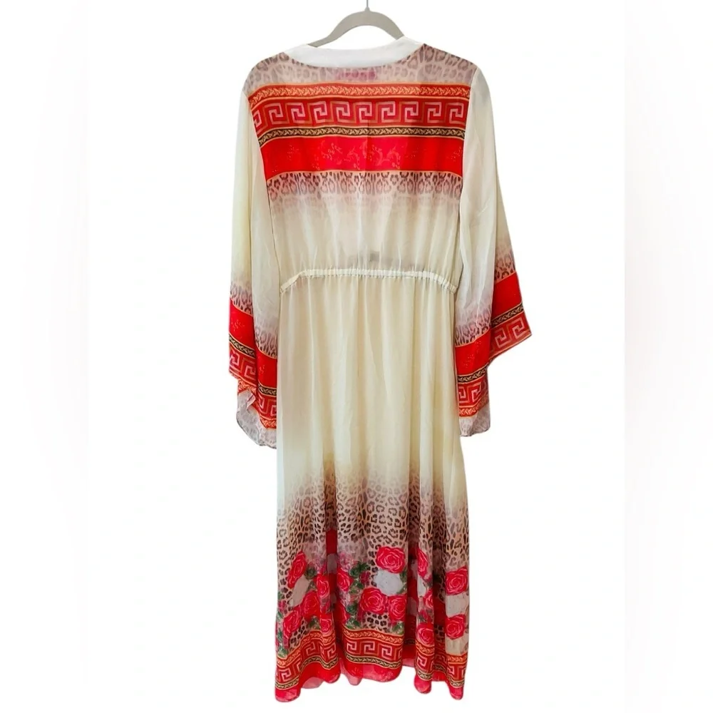 Boho Sheer Kaftan Kimono Dress Cover Up Leopard Rose Print Grecian Border Medium - Picture 2 of 8